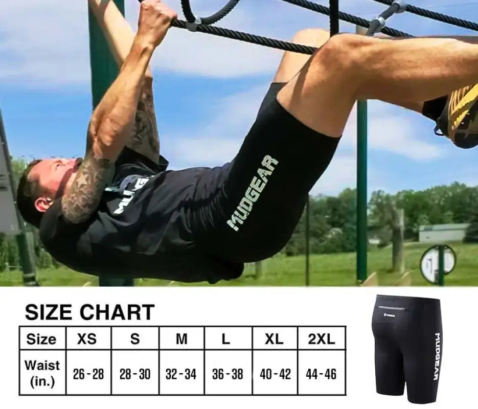 Black MudGear Men’s Elite-Fit Compression Shorts with size chart from XS to 2XL