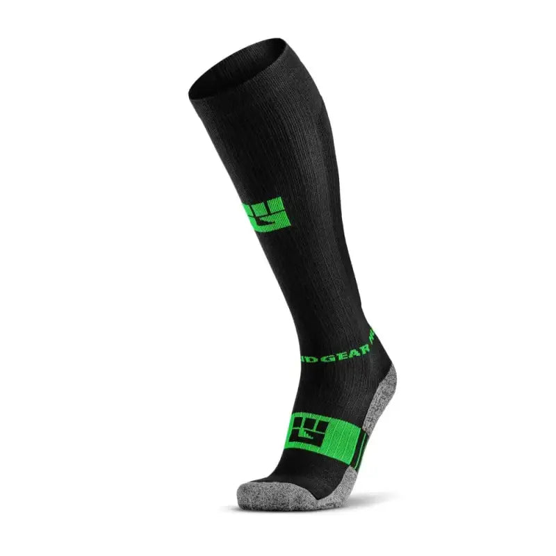 Black Tall Compression Socks with Green Logo Accents and Gray Cushioned Sole