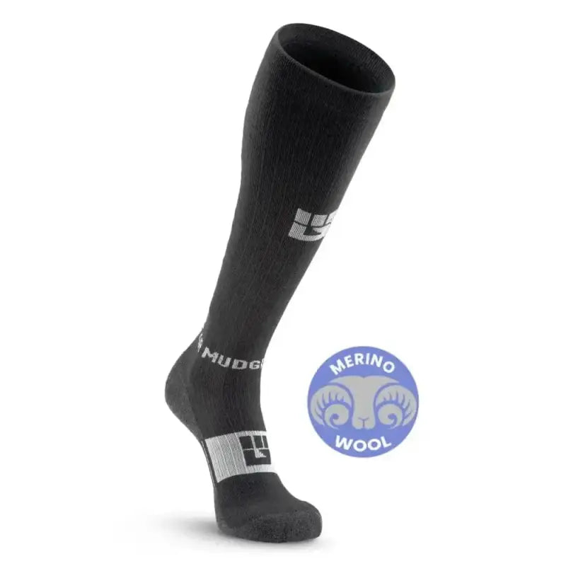 Black MudGear Tall Compression Merino Wool Socks with Gray Accents for Comfort and Support