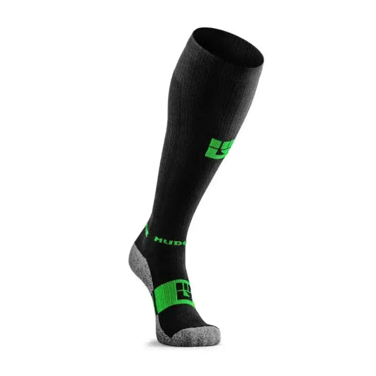 Tall compression socks in black with neon green accents and gray cushioning