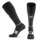 Black MudGear Tall Compression Merino Wool Socks with gray accents and logo design