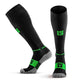 Tall Compression Socks in Black with Green Logos and Cushioned Grey Soles for Comfort