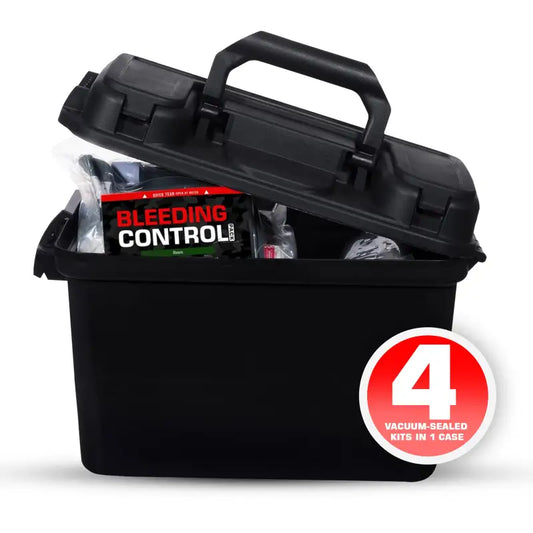 Black bleeding control kit in case for first responders, firefighters, and police safety