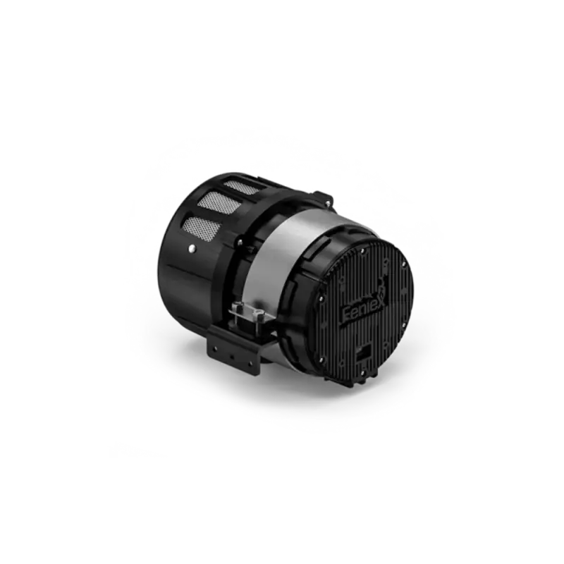 Black cylindrical Feniex Hammer Low-Frequency Siren with metal band for first responders