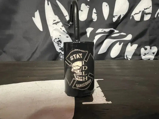 Black drink koozie with skull logo design for Cherry Bomb, perfect for first responders