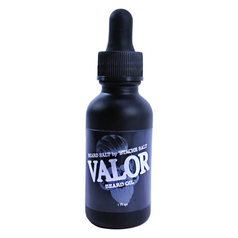 Black dropper bottle of Valor Beard oil from the Valor Beard & Mustache Pack