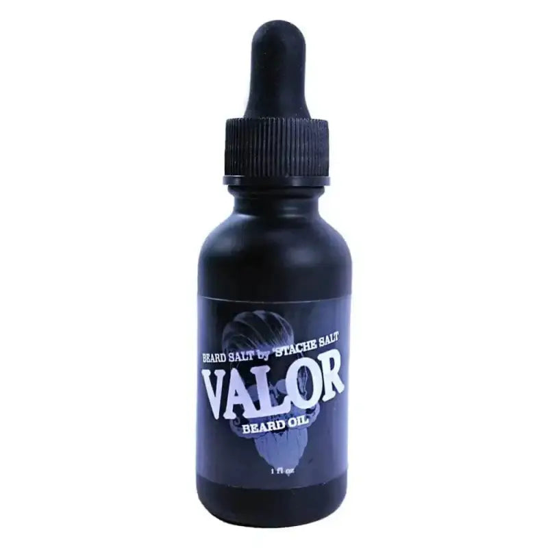 Black dropper bottle of Valor Beard Oil for nourishing and styling your beard