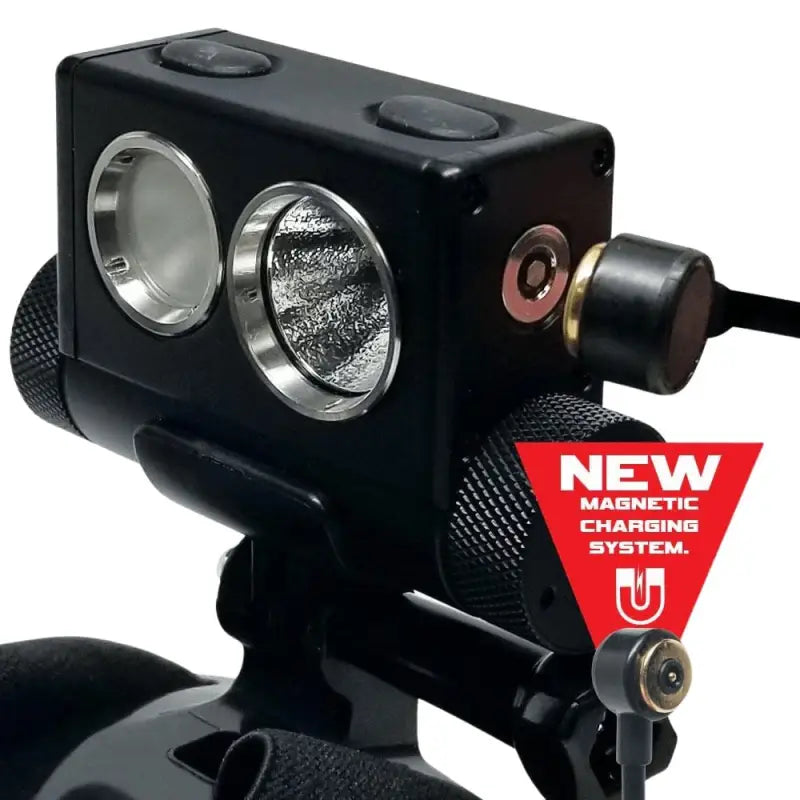 Black dual-beam Explorer HL-10 headlamp with magnetic charging and j-hook buckle attachment