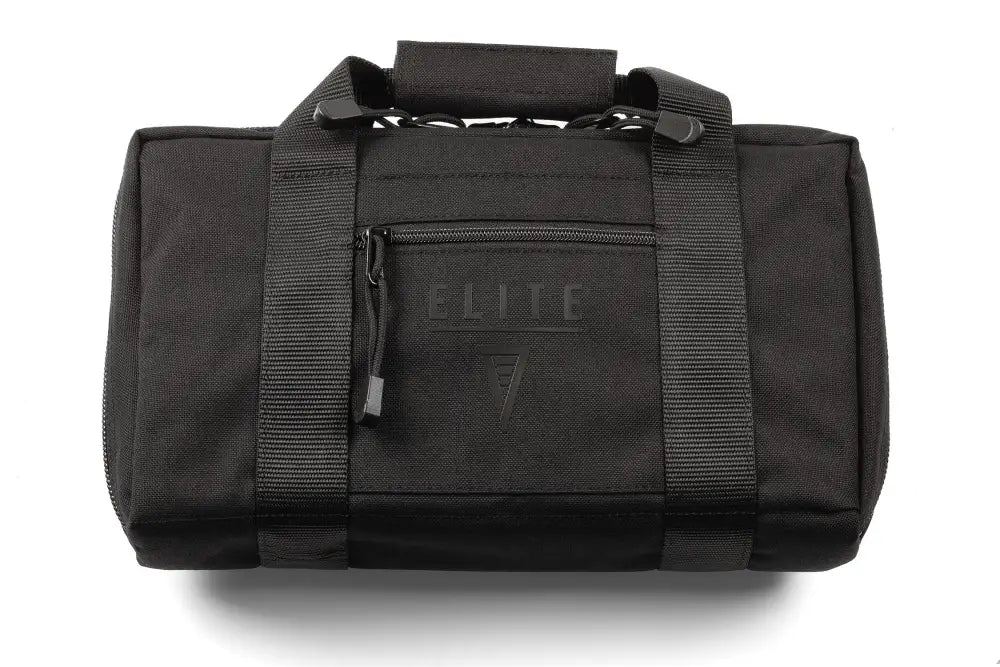 Black duffel bag with nylon straps for Deluxe Pistol Case and secure locking gun compartments