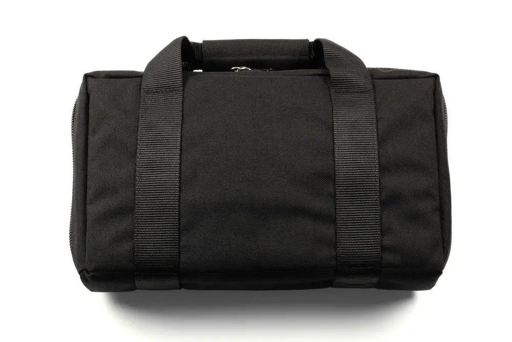 Black duffel bag with nylon straps for Deluxe Pistol Case and locking gun protection