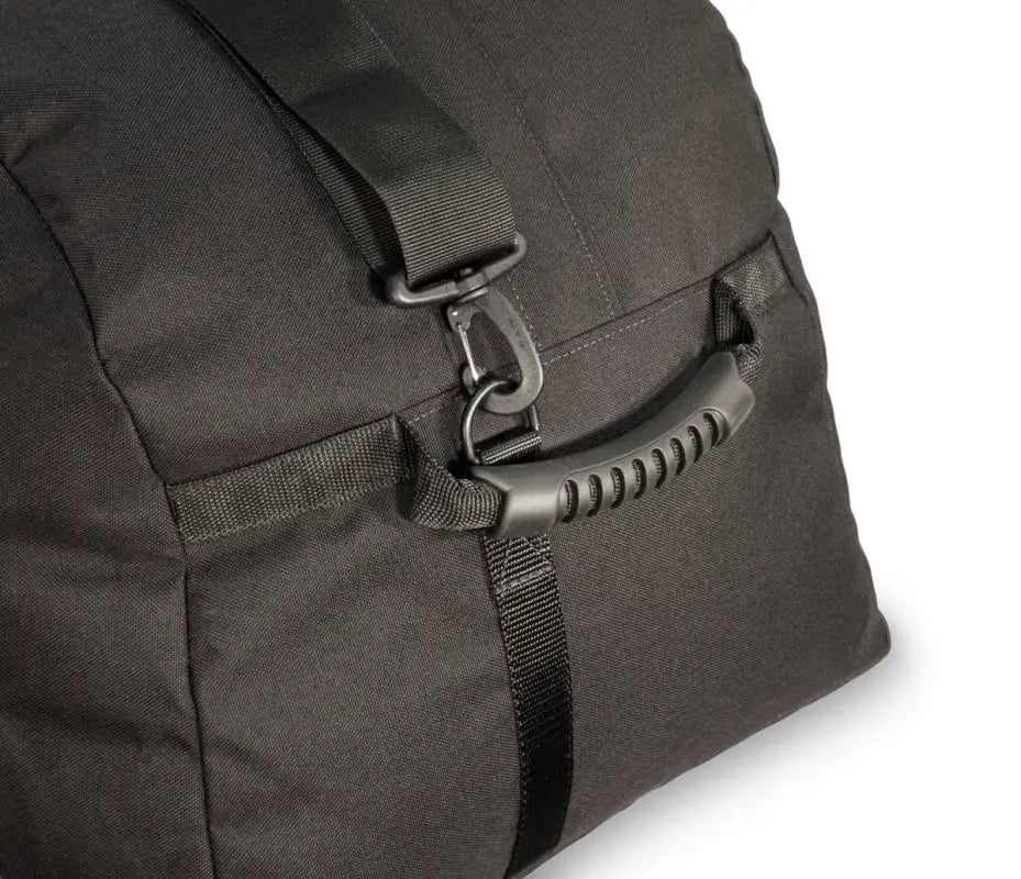 Black Elite Cargo Bag featuring straps and stylish buckle hardware