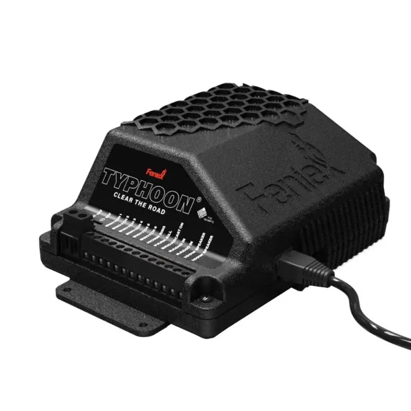 Black electronic control module for Feniex Typhoon full-function siren used by first responders