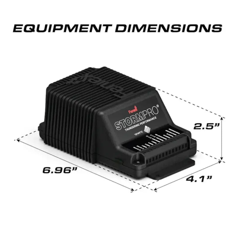 Black Feniex Storm Pro 100W Siren with cooling fins and dimension labels for precise fitting