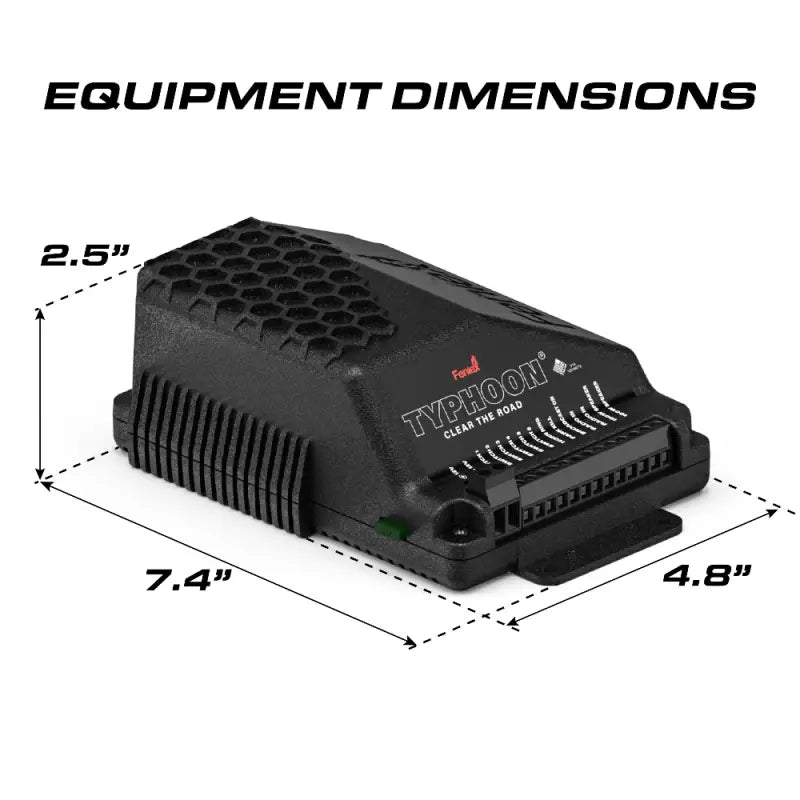 Black Feniex Typhoon full-function siren device with dimensions for first responders