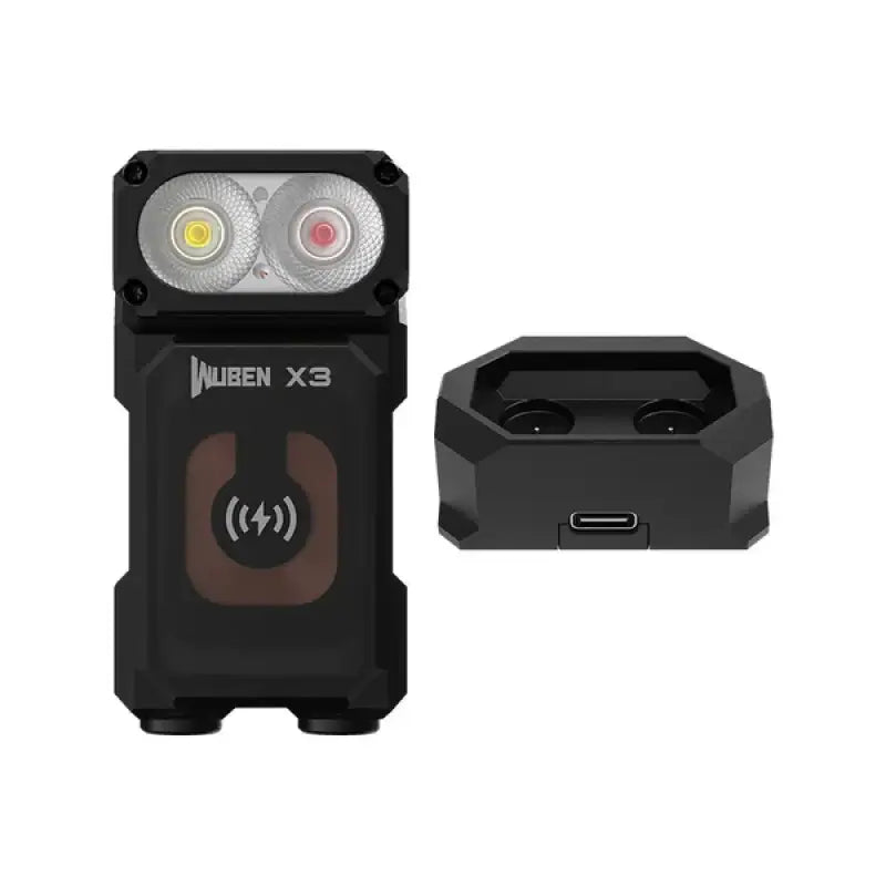 Black Wuben X3 Beacon All-in-One Flashlight with dual LED lights and charging dock