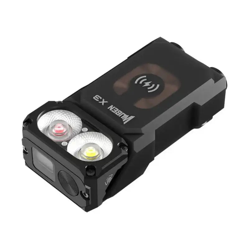 Black Wuben X3 Beacon All-in-One Flashlight with dual LED lights and wireless charging symbol