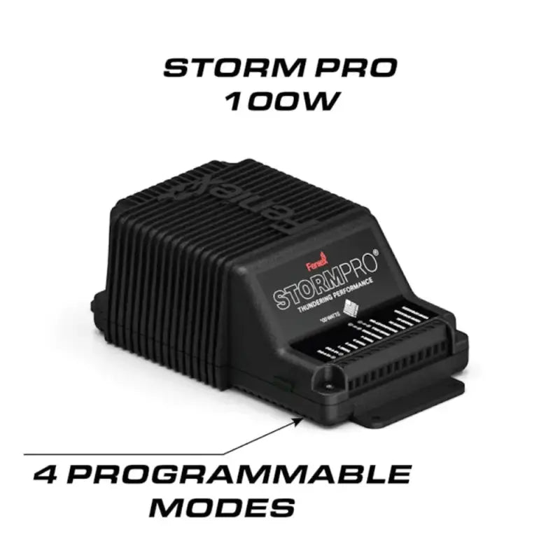 Black electronic siren with cooling fins for Feniex Storm Pro and Storm, high-performance emergency lighting
