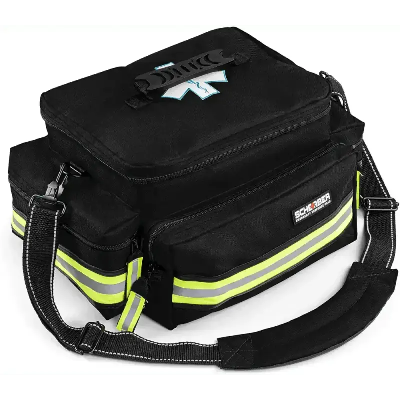 Black EMS Trauma Bag with reflective stripes and shoulder strap for professional essentials EMT