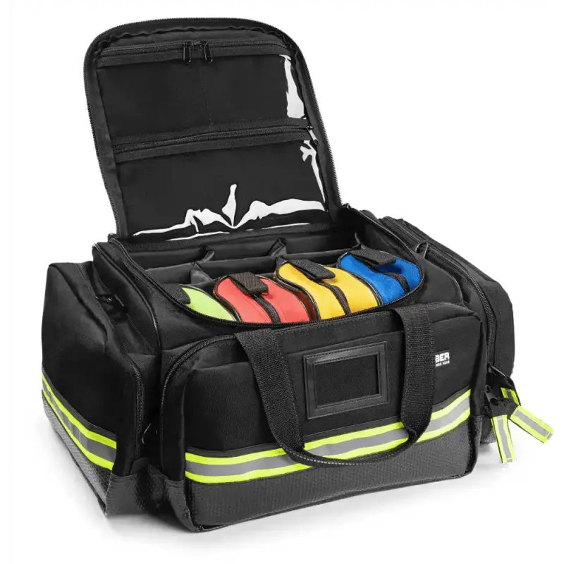 Black EMS Trauma Bag with reflective stripes and medical supplies for professional advanced EMT