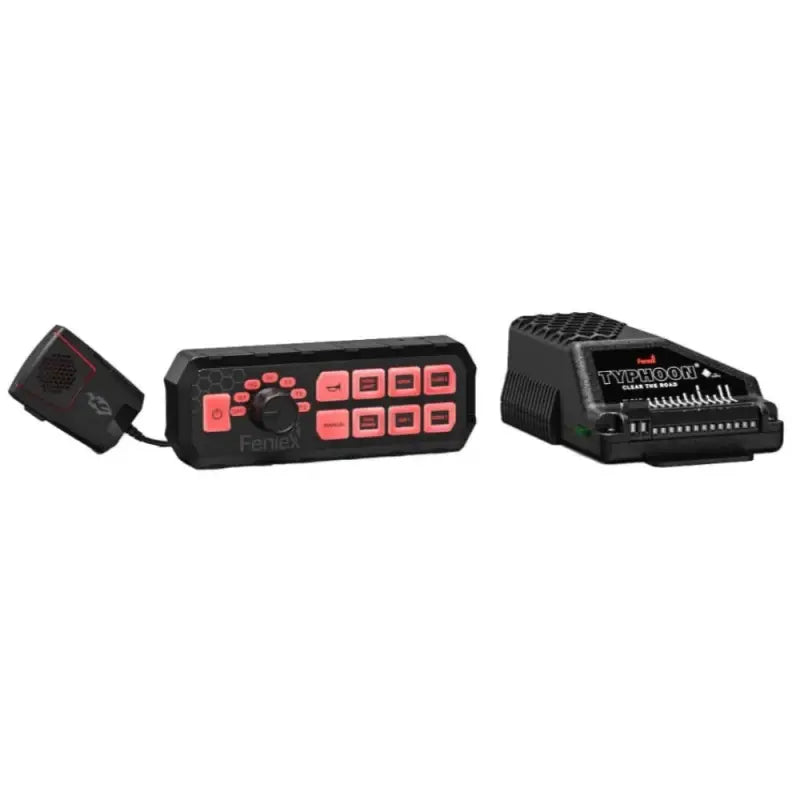 Black emergency vehicle control system for Feniex Typhoon full-function siren used by first responders