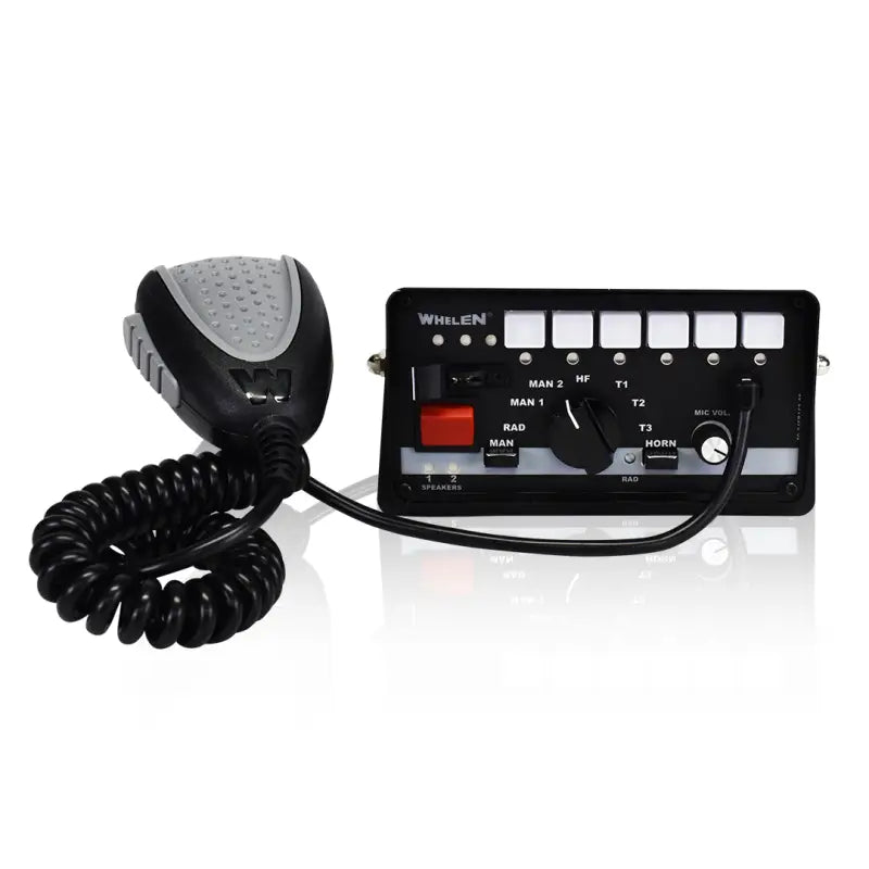 Black emergency vehicle siren with microphone on Whelen 295SLSA6 light controller for first responders