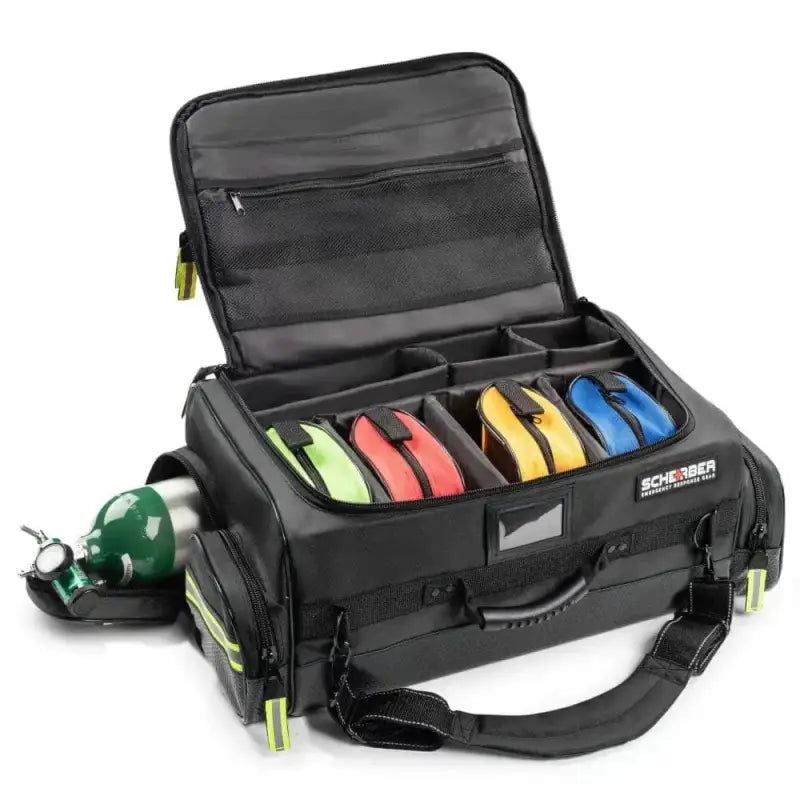 Black Scherber Responder O2 Bag with disc compartments and shoulder strap for EMT use