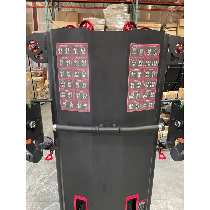 Black SFE Commercial Dual Cable Crossover Machine with instructional diagrams for gym use