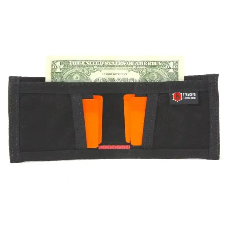 Black 1000D Cordura wallet with orange accents and unfolded bills visible