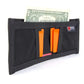 Black 1000D Cordura bifold wallet with orange card slots and unfolded bills