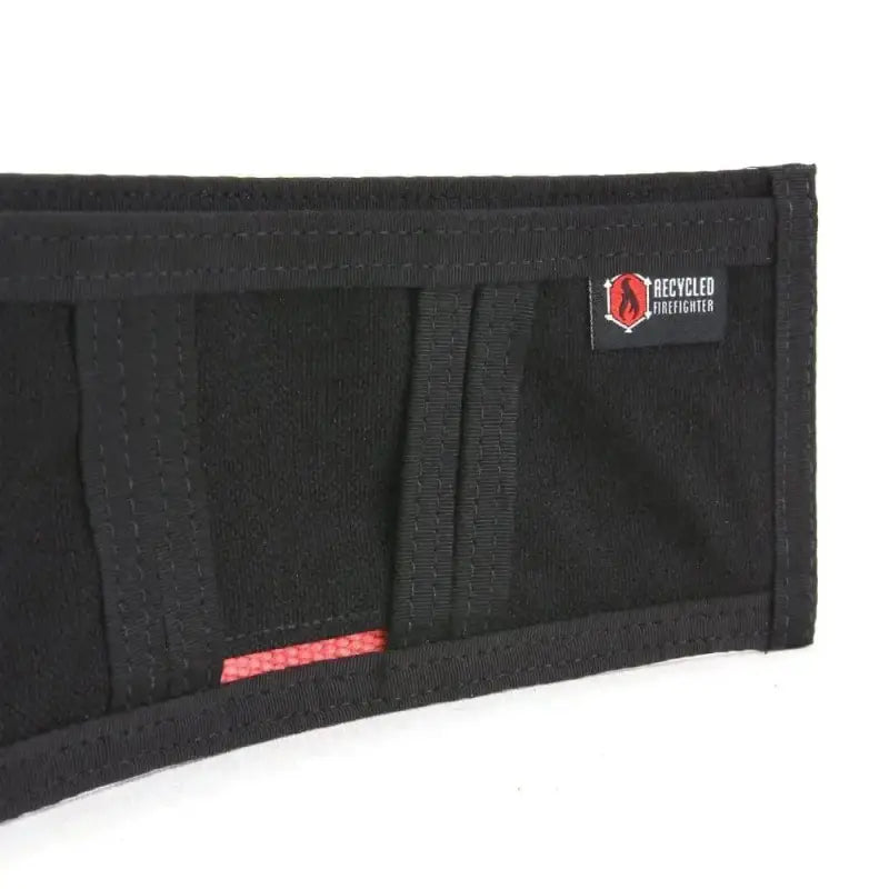 Black fabric wallet with red logo, designed for unfolded bills and card slots in 1000D Cordura