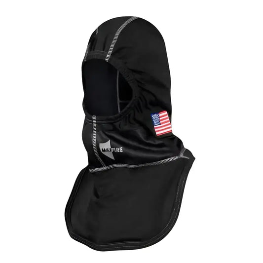 Black fire-resistant balaclava from HALO 360 NOMEX BLEND BLACK EMB FLAG PARTICULATE HOOD