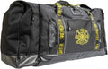 Black Gear Bag with yellow straps and fire department emblems, ideal for first responders