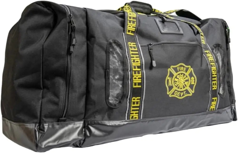 Black Gear Bag with yellow straps and fire department emblems, ideal for first responders