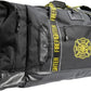 Black gear bag with yellow straps and fire department emblems for first responders