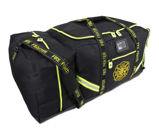 Black 3XL Turnout Gear Bag with yellow trim and fire department emblem, featuring shoulder strap