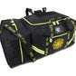 Black 3XL Turnout Gear Bag with yellow trim and fire department logo, featuring shoulder strap