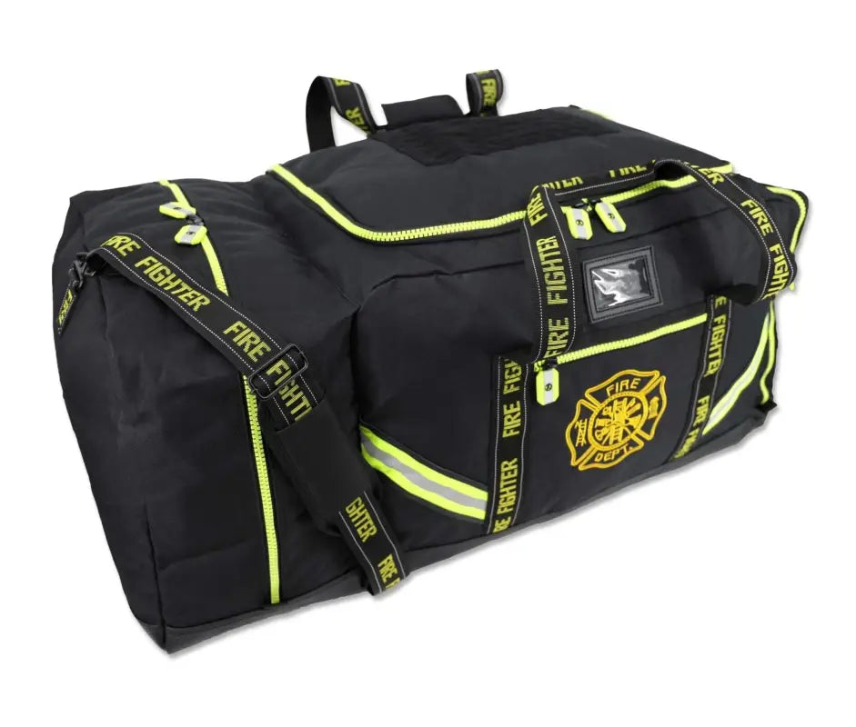 Black 3XL Turnout Gear Bag with yellow trim and fire department logo, featuring shoulder strap