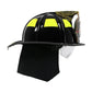 Black firefighter helmet with face shield, Pacific F18 traditional style structural firefighting helmet
