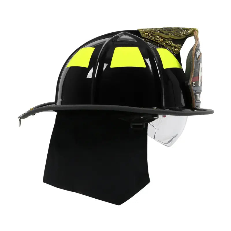 Black firefighter helmet with face shield, Pacific F18 traditional style structural firefighting helmet