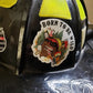 Black firefighter helmet with weather-resistant ink wild helmet decal and yellow reflective panels