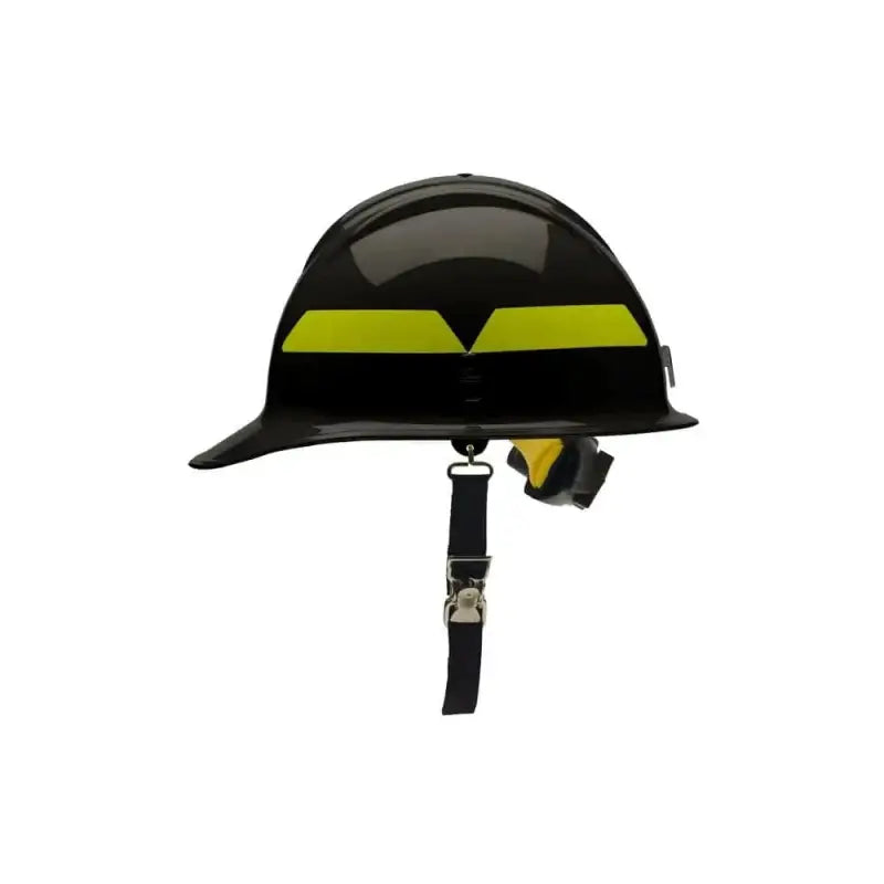 Black Bullard Wildland Fire Helmet in cap style with hi-viz lime yellow stripes