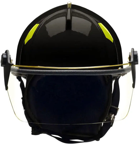 Black UST Super Lightweight Helmet with Brass Eagle, yellow reflective strips, and face shield