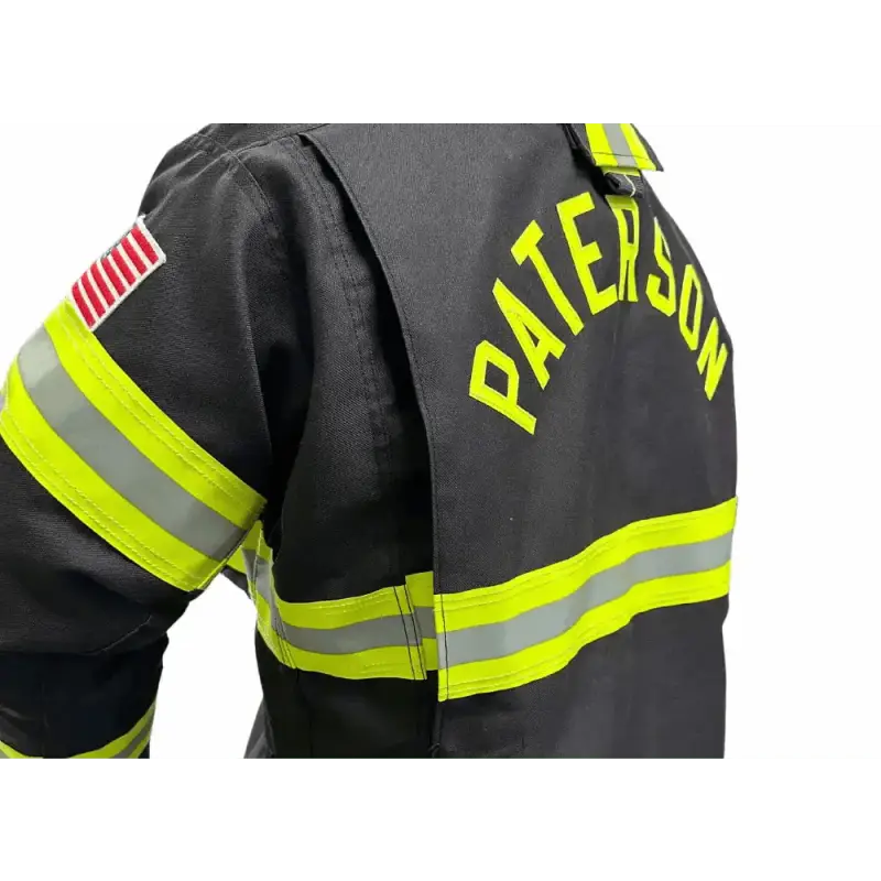 Black Maverick Fire Gear Jacket with reflective stripes and Paterson text for maximum mobility