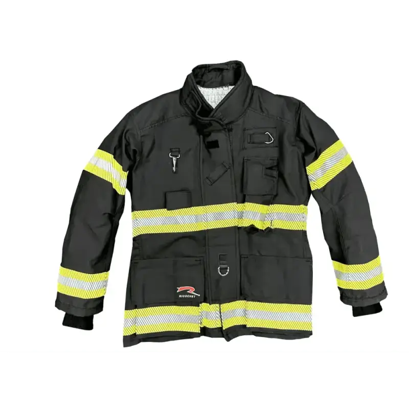 Black firefighter jacket with reflective stripes from Maverick Fire Gear for maximum mobility design