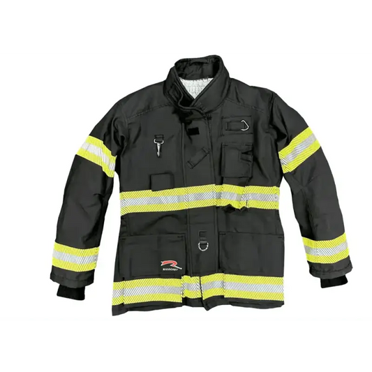 Black firefighter jacket with reflective stripes from Maverick Fire Gear for maximum mobility design