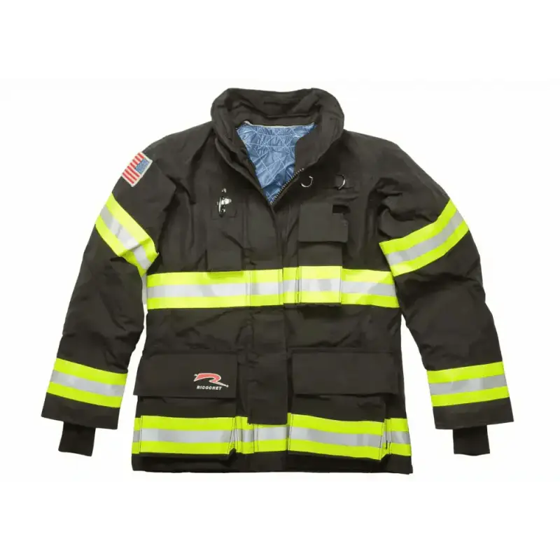 Black firefighter gear jacket with reflective yellow stripes and American flag patch