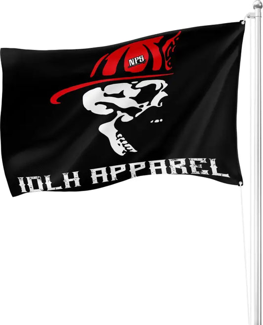 Black flag with white skull in red cap and MLK APPAREL for first responders 3x5 flag