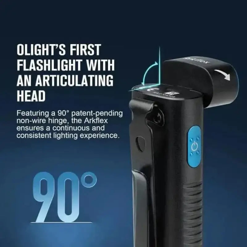 Black OLIGHT ARKFLEXBK Arkflex Adjustable flashlight with 90° articulating head and blue button