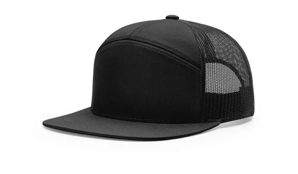 Black flat-brimmed trucker hat with firefighter leather patch for first responders