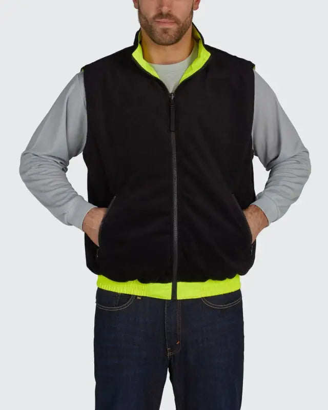 Black fleece zip reversible insulated vest with neon yellow trim by Utility Pro UHV1001 HiVis